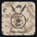 Desert Maccabee Shield And Spears Square Sticker<br><div class="desc">A military brown "subdued" style depiction of a Maccabee's shield and two spears on a desert camo background. The shield is adorned by a lion and text reading "Yisrael" (Israel) in the Paleo-Hebrew alphabet. English text reading "Maccabee" also appears. The Maccabees were Jewish rebels who freed Judea from the yoke...</div>