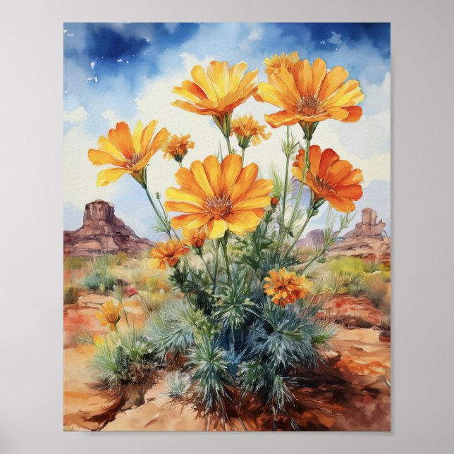 Desert Marigold Floral Arizona Watercolor Poster (Front)