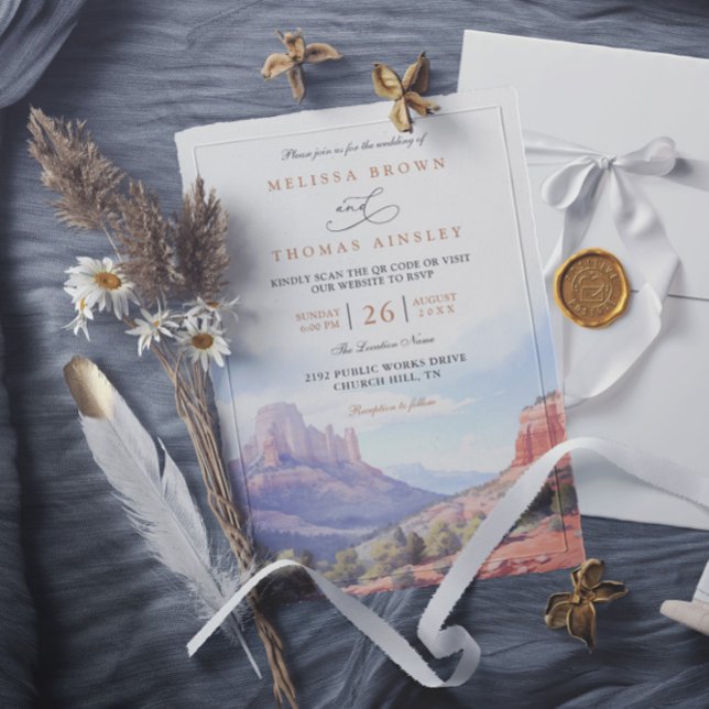 Desert Mountain Rustic Elegant QR Code Wedding Invitation (Creator Uploaded)