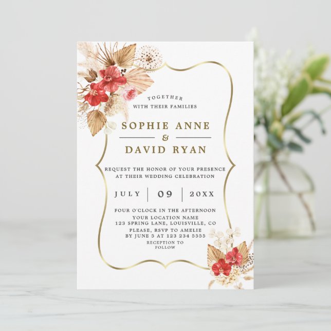 Desert Pampas Grass Red Orchids Gold Wedding Invitation (Standing Front)