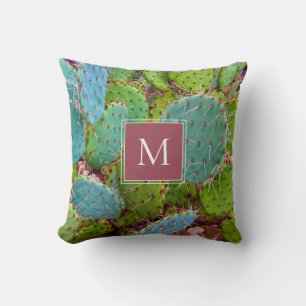Desert Prickly Pear Cactus Monogram Succulent Throw Pillow