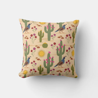 Desert Quail Colourful Cactus Floral Southwest  Throw Pillow