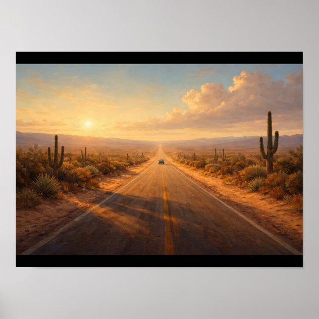Desert road with a single car far away poster (Front)