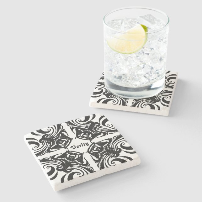 Desert Rose Black Intricate Pattern with text Stone Coaster (Side)