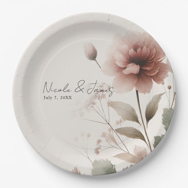 Desert Rose Pink Floral Greenery Bridal Wedding Paper Plate (Front)