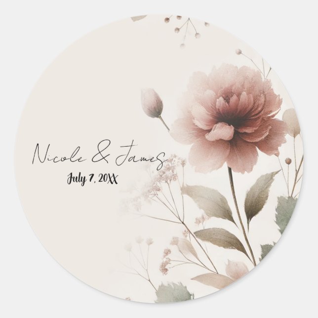 Desert Rose Pink & Green Floral Greenery Wedding Classic Round Sticker (Front)