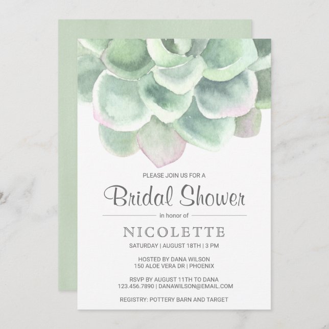 Desert Sage Green Succulent Bridal Shower Invitation (Front/Back)