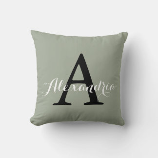 Desert Sage Grey Green Solid Colour Monogram Throw Pillow