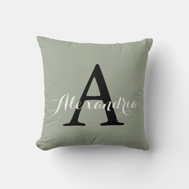 Desert Sage Grey Green Solid Colour Monogram Throw Pillow (Front)