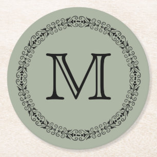 Desert Sage Grey Green Trendy Solid Colour Monogra Round Paper Coaster