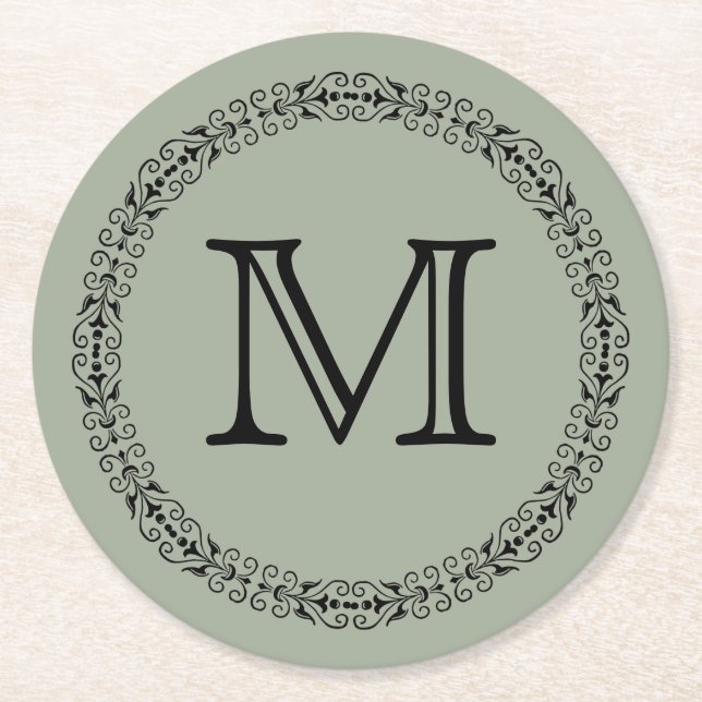 Desert Sage Grey Green Trendy Solid Colour Monogra Round Paper Coaster (Front)