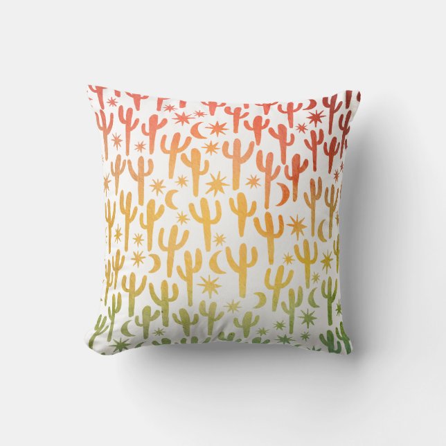 Desert Saguaro Cacti Watercolor Red Gold Green Throw Pillow (Front)