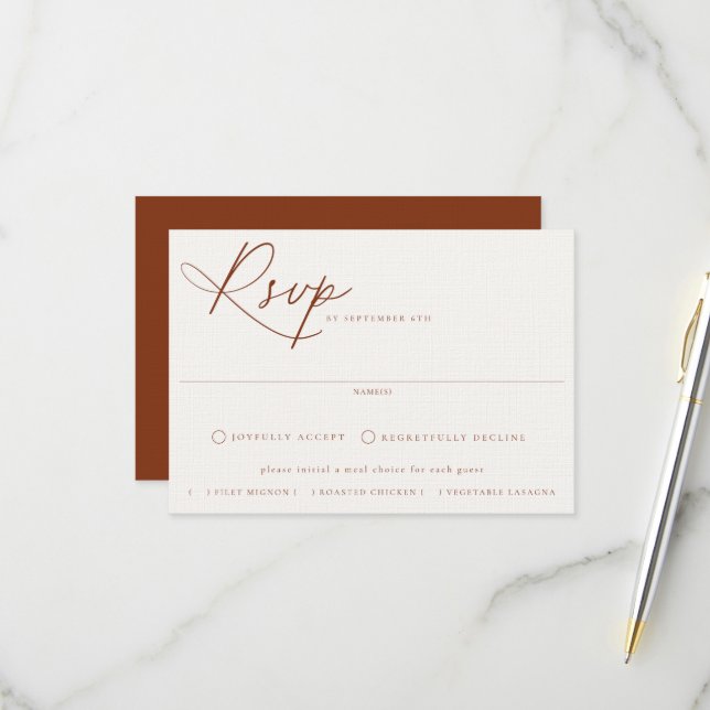 Desert Sienna Meal Choice Wedding RSVP Card (Front/Back In Situ)