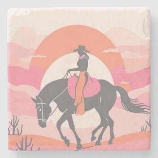 Desert Skies with Cowgirl Riding her Horse Stone Coaster