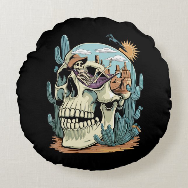 Desert Skull – Skeleton Siesta  Round Pillow (Front)