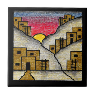 Desert Southwest Adobe Village Folk Art Tile