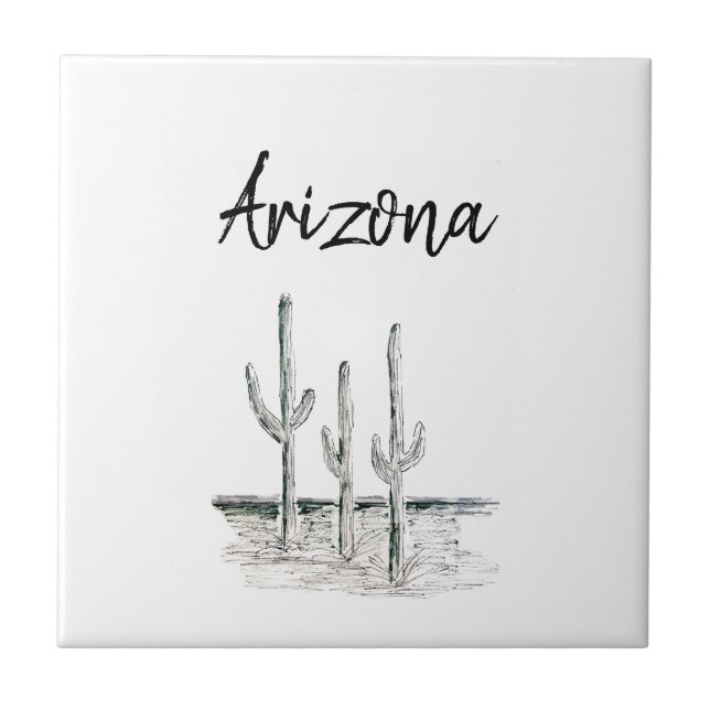 Desert Southwest Cactus Arizona Black White Tile (Front)