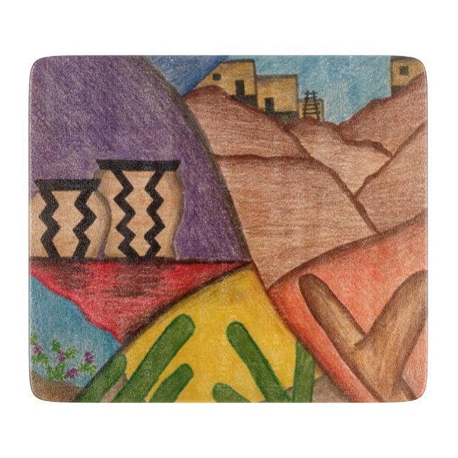 Desert Southwest Cactus Folk Art  Cutting Board (Front)