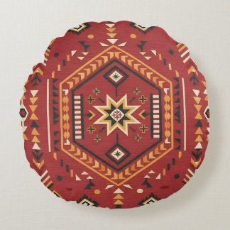Desert Star Nomad – Vibrant Crimson Tribal Art Round Pillow