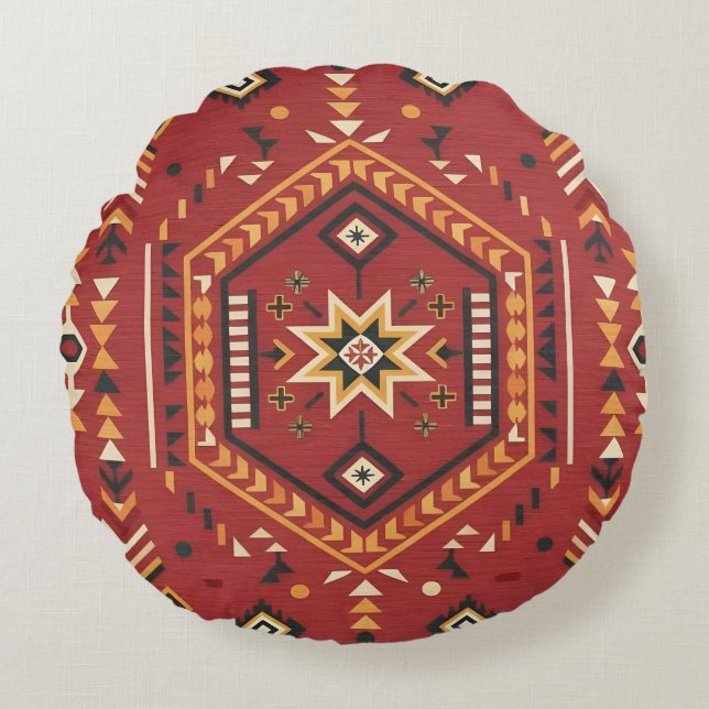 Desert Star Nomad – Vibrant Crimson Tribal Art Round Pillow (Front)