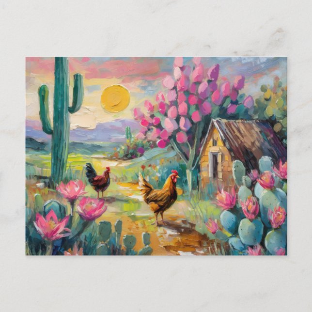 Desert Succulent Farm Landscape with Chickens Postcard (Front)