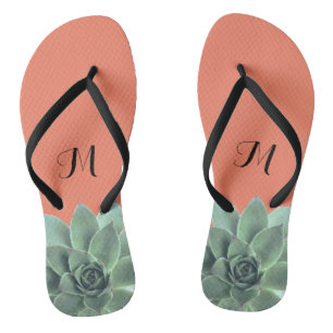 Desert Succulent Monogram Green and Peach Flip Flops