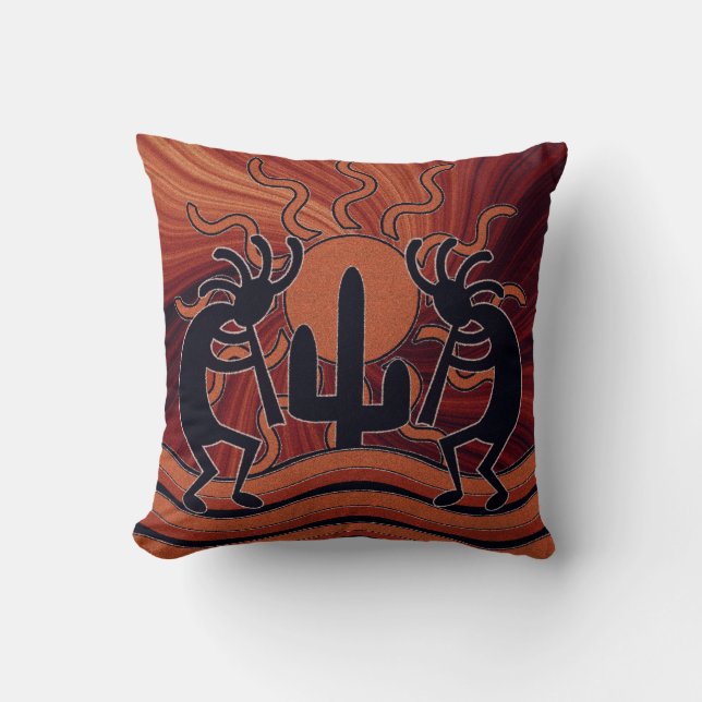 Desert Sun Cactus Kokopelli  Southwest Design Throw Pillow (Front)