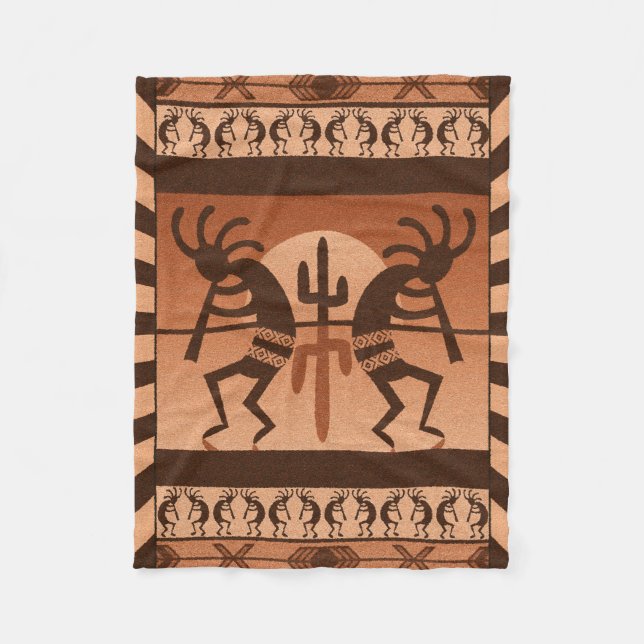 Desert Sun Cactus Kokopelli Southwestern Fleece Blanket (Front)