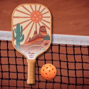 Desert Sunset Cactus Mesa Mountains Custom Text Pickleball Paddle