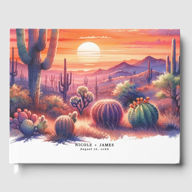Desert Sunset Glow Watercolor Southwestern Wedding Guest Book (Front)