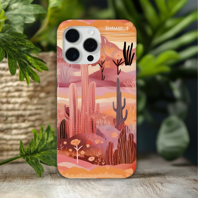 Desert Sunset Modern Cactus Personalized Name iPhone Case (Creator Uploaded)