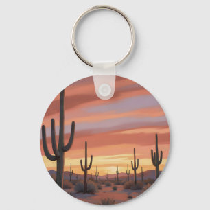 Desert Sunset Saguaro Cactus Landscape Keychain
