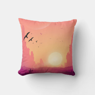 Desert Sunset Scene with Birds – Nature Landscape Throw Pillow