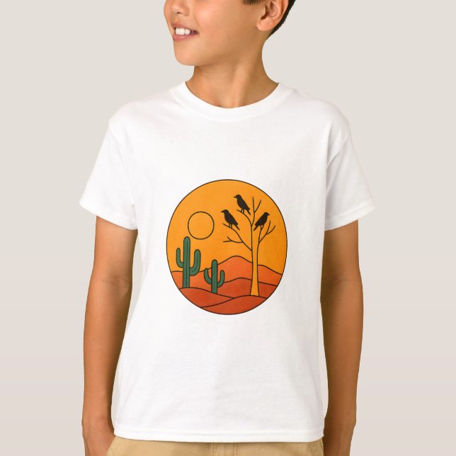 Desert Sunset with Crows - Bold Graphic Wilderness T-Shirt (Front)
