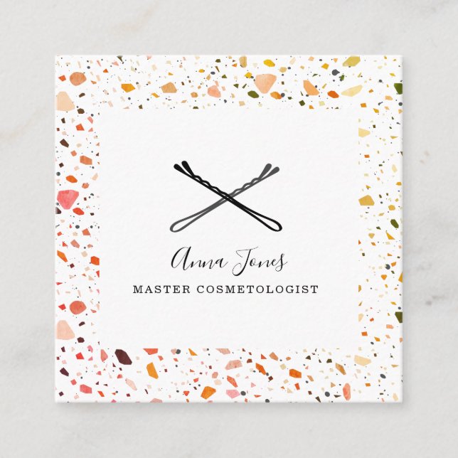 Desert Terrazzo Pattern Bobby Pins Hair Stylist Square Business Card (Front)