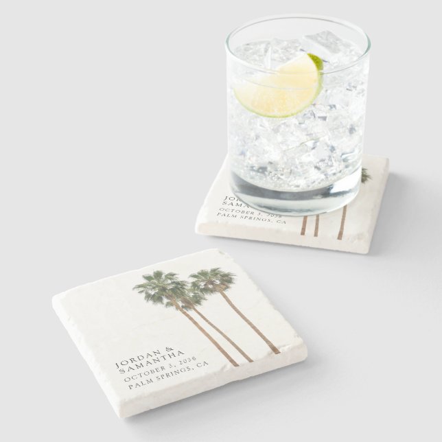 Desert Wedding Favour Personalized Retro Palm Tree Stone Coaster (Side)