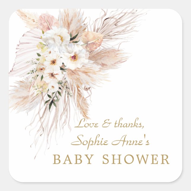 Desert White Roses Pampas Grass Baby Shower  Square Sticker (Front)