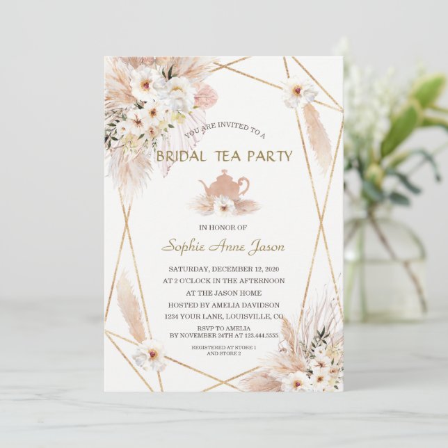 Desert White Roses Pampas Grass Bridal Shower  Invitation (Standing Front)