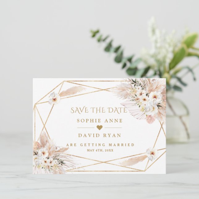 Desert White Roses Pampas Grass Gold Wedding Save The Date (Standing Front)