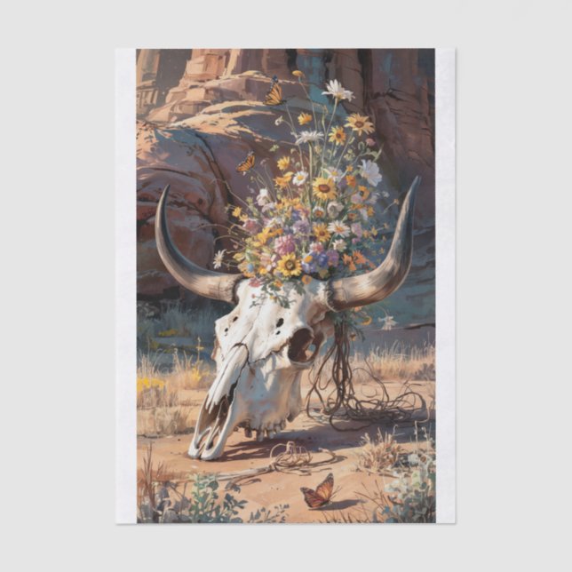 Desert Wildflower Skull, Southwestern Theme Tissue Paper (Front)