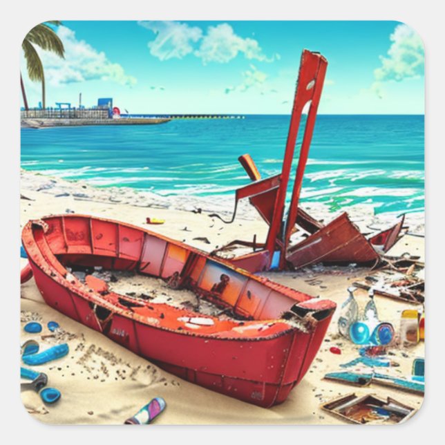 Deserted Old Boat, Bottles and Wreckage  Square Sticker (Front)