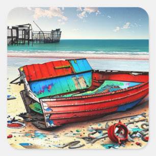 Deserted Old Red Boat and Wreckage on Beach Square Sticker
