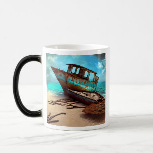 Deserted Rusty Boats resting on an Abandoned Beach Magic Mug