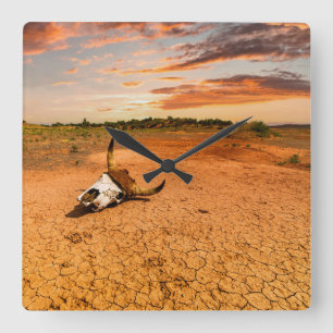 Deserts   Desert with Cow Skull Square Wall Clock