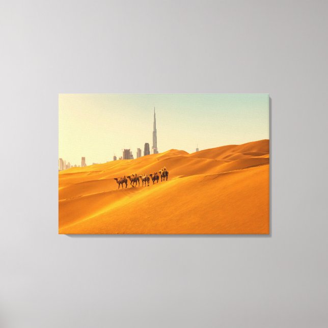 Deserts | Dubai's Skyline View with Camels Canvas Print (Front)