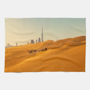 Deserts Dubai's Skyline View with Camels Kitchen Towel
