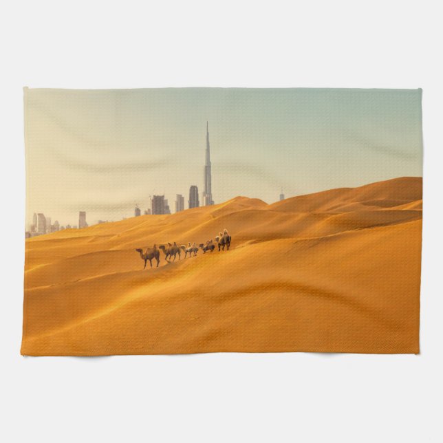 Deserts | Dubai's Skyline View with Camels Kitchen Towel (Horizontal)