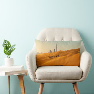 Deserts   Dubai's Skyline View with Camels Lumbar Pillow