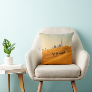 Deserts   Dubai's Skyline View with Camels Throw Pillow