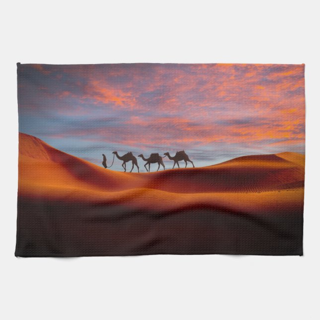 Deserts | Man & Camels in the Sand Dunes Kitchen Towel (Horizontal)